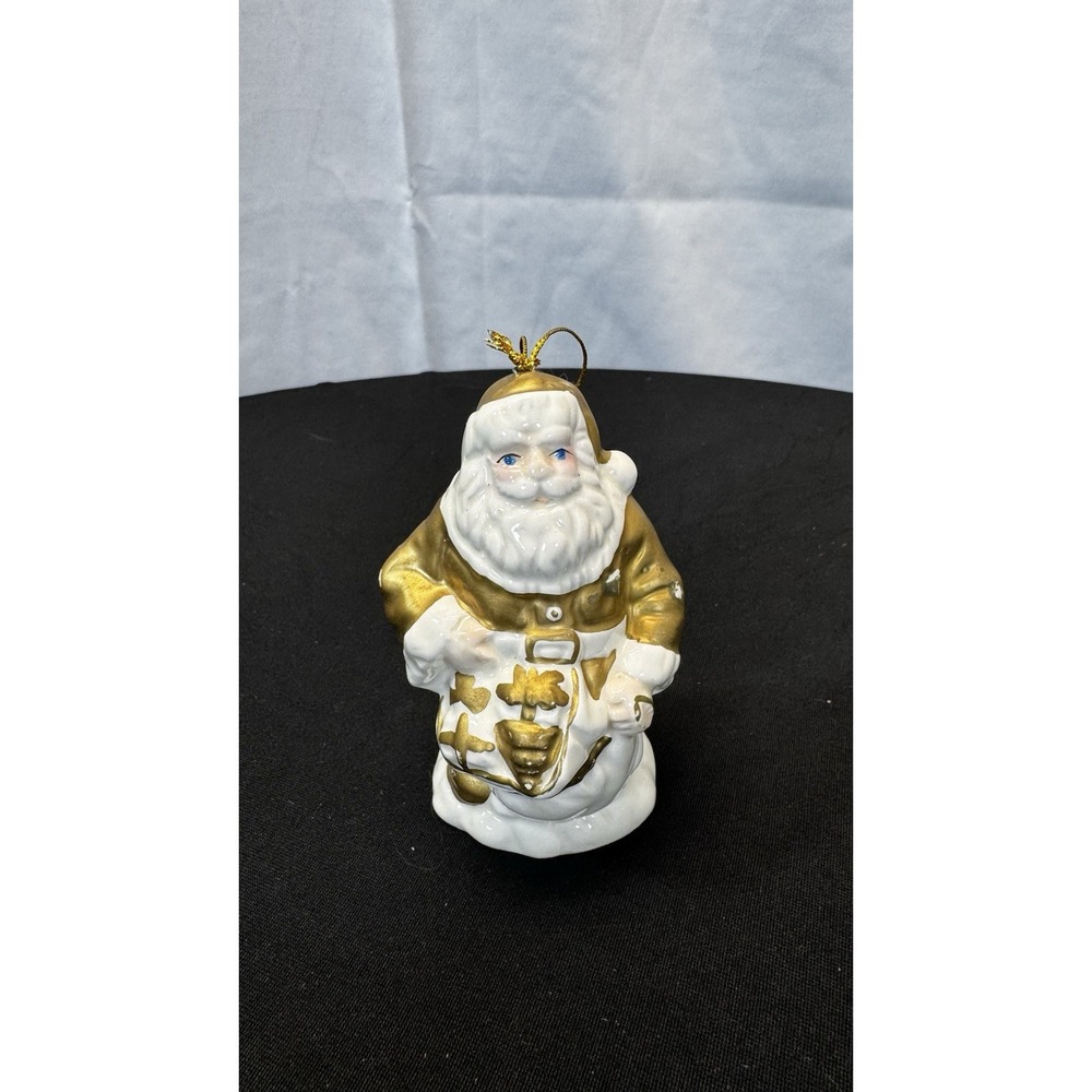 Vintage Ceramic Santa Claus Christmas‎ Ornament Hand Painted White Gold 4"